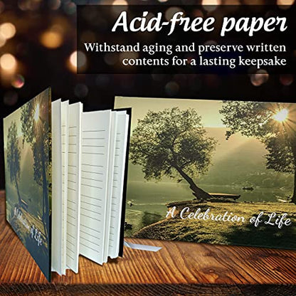 Funeral Guest Book | Memorial Guest Book | Guest Book for Funeral Hardcover | Guestbook for Sign in, Celebration of Life Memorial Service | Funeral Guest Sign Book with Memory Table Card Sign Included (Tree & Lake) - style: Tree & Lake