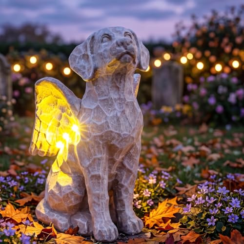 Solar Angel Dog Statue with Lights,Dog Memorial Statue for Outdoor