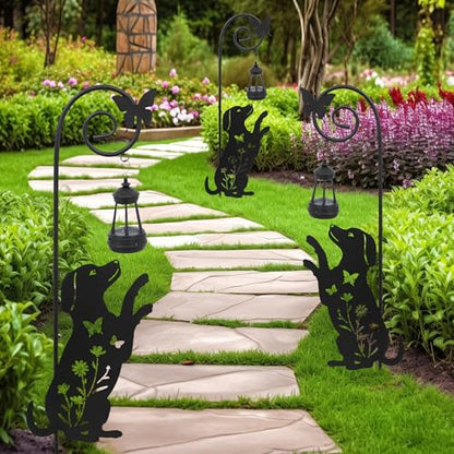 Solar Dog Lantern Garden Stakes 28.7in Metal Outdoor Night Light - color: Black Dog