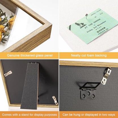 12x12 Shadow Box Frame with Ultra-Clear Glass & Soft Linen Back | With Push Pins and Stand, Deep 1.5" Brown Shadow Box Display Case – Display on Tabletop or Wall for Photo, Wedding, Keepsake - color: Brown+high Definition Panel + Shatter-proof Packaging,