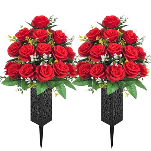 Mirevielyn 2-Pack Artificial Rose Cemetery Flowers with Spiked Vases | Artificial roses, fade-resistant color, stain-resistant material, outdoor memorial decor, gravesite arrangement - color: Red