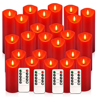 fclayvts 24 Pack Red LED Candles with Remote & Timer - Flameless Pillar Candles with 3D Flickering Flame, Battery Operated for Christmas Tree, Table Centerpieces, Party Decor - size: 24-Pack-Red