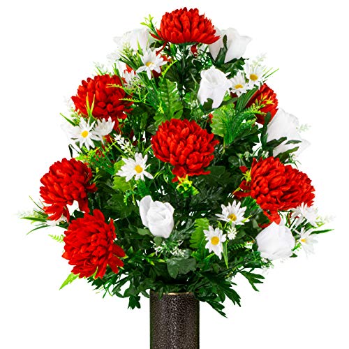 Artificial Cemetery Flowers – Realistic Vibrant Roses, Outdoor Grave Decorations - Non-Bleed Colors, and Easy Fit - 1 Red Mum and White Rose Bouquet - color: Red, size: 1 Bouquet