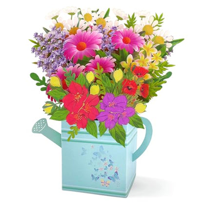Pop Up Birthday Card for Mom, Sister, Daughter | Watering Can & Wildflower Bouquet 3D Greeting Card for Women, Thoughtful Birthday Gift with Envelope & Blank Note - color: Wildflower Watering Can