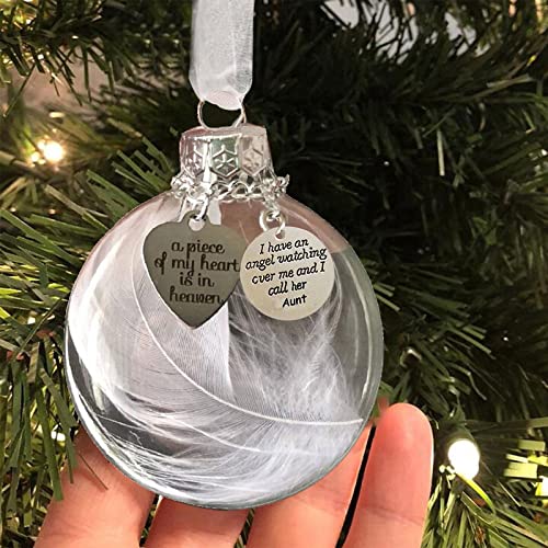 Clear Christmas Memorial Ornament Feather Ball, A Piece of My Heart is in Heaven, Loss of Loved One Aunt Christmas Tree Hanging Pendan Sympathy Gift with Silk Ribbon & Red Gift Box - color: Aunt