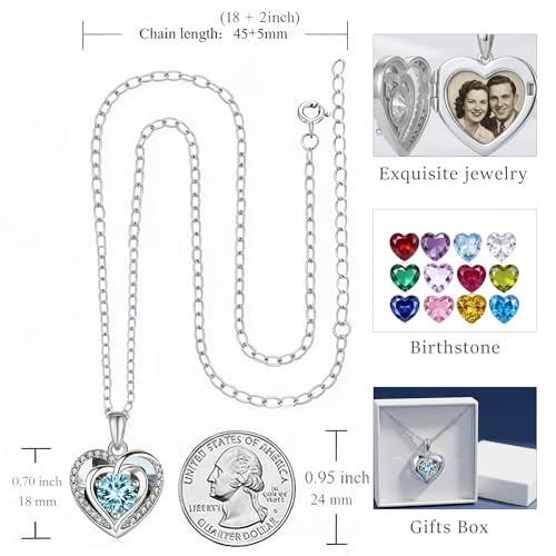 Locket Heart Necklace that Holds Pictures Photo Lockets Birthstone Pendant Anniversary Memorial Jewelry Gifts for Women - color: 03-March-Silver-Heart Locket