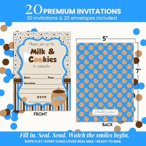 Milk and Cookies Birthday Party 20 Invitations 5"x7" Double-Sided Fill-In Cards with Envelopes, Kids Party Stationery Set, Cute Milk & Cookie Jar Theme for Boys, Made in USA by Amanda Creation - color: Milk and Cookies
