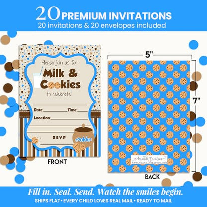 Milk and Cookies Birthday Party 20 Invitations 5"x7" Double-Sided Fill-In Cards with Envelopes, Kids Party Stationery Set, Cute Milk & Cookie Jar Theme for Boys, Made in USA by Amanda Creation - color: Milk and Cookies