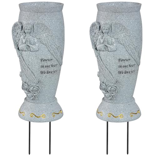 Cemetery Vase, Memorial Grave Vase with Ground Spikes, Angel Vases for Artificial Flowers, Grave Flowers Holder for Cemetery Headstone (2Pcs)