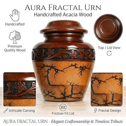 Wooden Cremation Urn (Small Keepsake 20 Cubic Inches) Adult Size for Man and Women Beutiful and Decorative urn for Ashes Fractal Design, Black Resin Inlay, - size: Small (20 lbs)