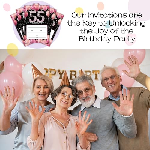 Birthday Invitations - 55th Bday Invites with Envelopes(25-Count) - Pink Balloon Glitter Fill-in Invite Cards for Party Supplies Favors Decorations - G03 - style: Pink Balloon 55th