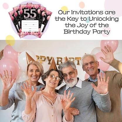 Birthday Invitations - 55th Bday Invites with Envelopes(25-Count) - Pink Balloon Glitter Fill-in Invite Cards for Party Supplies Favors Decorations - G03 - style: Pink Balloon 55th