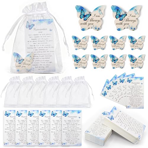 100 Sets Funeral Favors for Guests, Celebration of Life Favors Wooden Butterfly Pocket Hug Token with Funeral Prayer Cards and Organza Bags, As Memorial Gifts and Funeral Decorations
