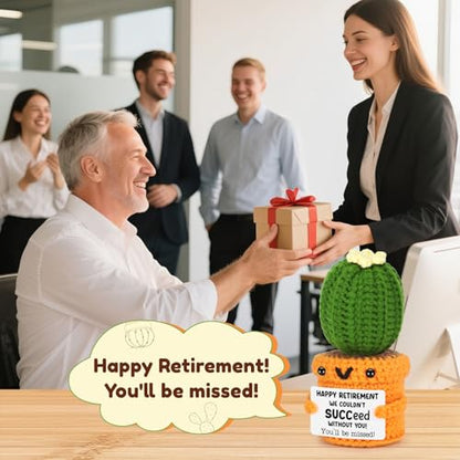 Funny Retirement Gifts for Women Men Coworker Boss Friends Teacher, 2026 Retired Gift for Woman Mom Teacher, Be Missed Cactus Crochet with Funny Card Desk Office Decor Decoration Best Happy Retirement - style: You'll be missed
