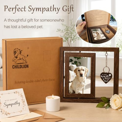 CHILDLION Pet Memorial Photo Frame, 4x6 Double Sided Rotating Pet Gifts, Unique Pet Loss Gifts for Loss of Dog, Wooden Memorial Ornament for Home Garden Decoration