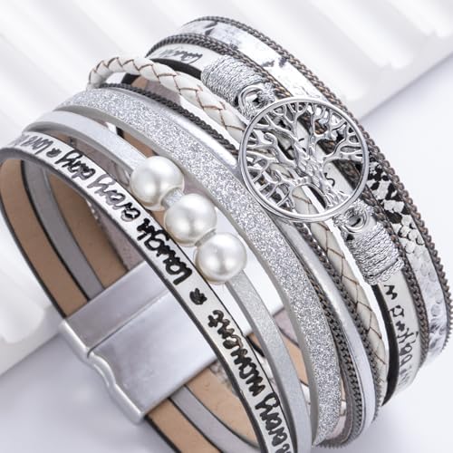Tree of Life Inspirational Leather Wrap Bracelets Boho Western Cowgirl Cuff - color: Silver