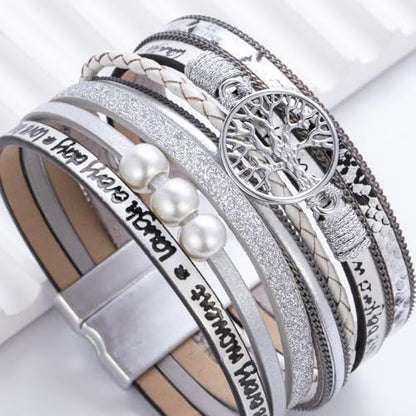 Tree of Life Inspirational Leather Wrap Bracelets Boho Western Cowgirl Cuff - color: Silver