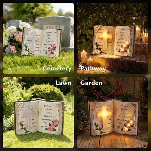 Solar Bible Cross Garden Statue Light, Memorial Grave Decor for Cemetery | IP65 Waterproof Resin Cross Flower with Stakes, Remembrance for Loss of Loved One, Outdoor Yard Patio Lawn Decoration