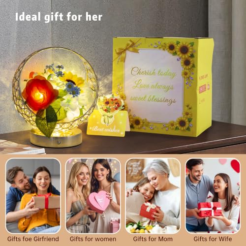 Birthday Gifts for Women Rose Hydrangea Sunflowers Flower Lamp - color: White
