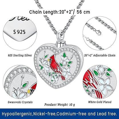 Eusense Cremation Jewelry for Ashes Urn Necklace to Put Ashes In 925 Sterling Silver Memorial Pendant Heart Urn Necklaces for Ashes Necklace for Women Men - style: G-Red Cardinal Urn Necklace