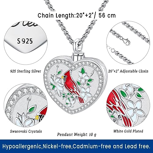 Eusense Cremation Jewelry for Ashes Urn Necklace to Put Ashes In 925 Sterling Silver Memorial Pendant Heart Urn Necklaces for Ashes Necklace for Women Men - style: G-Red Cardinal Urn Necklace