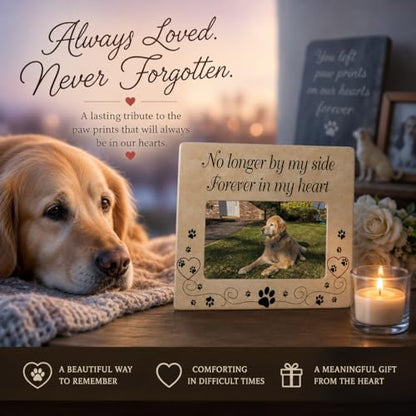 Pet Memorial Picture Frame, Ceramic Pet Loss Gift with Sympathy Quote “No Longer By My Side Forever In My Heart” – Dog & Cat Memorial Photo Frame for Rainbow Bridge Remembrance – 8” x 7.25” - size: 1 pack