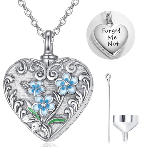 TANGPOET Urn Necklace for Human Pet Ashes for Women Men 925 Sterling Silver Urn Pendant Cremation Jewelry Necklace for Ashes of Loved One Memorial Keepsake - style: Heart-Forget Me Not