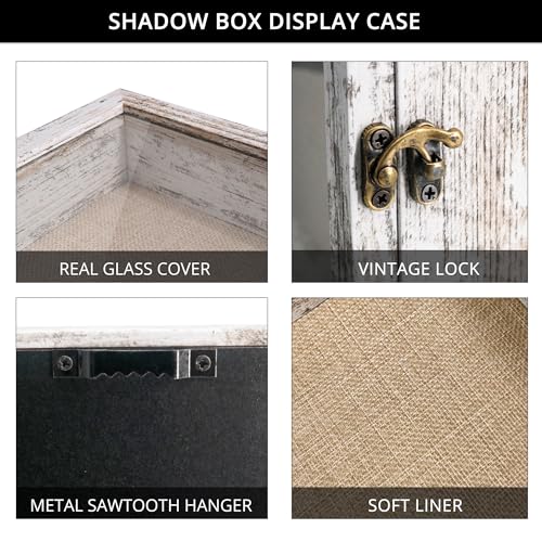 GraduatePro Shadow Box Frame 13X16 Display Case with Linen Back, Real Glass Window Door with Hinge, Picture Frame Wedding Bouquet Memorabilia Medals Photos Memory Box for Keepsakes Rustic White | Hinged Front Open Door with Tempered Glass, Linen Back with