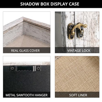 GraduatePro Shadow Box Frame 13X16 Display Case with Linen Back, Real Glass Window Door with Hinge, Picture Frame Wedding Bouquet Memorabilia Medals Photos Memory Box for Keepsakes Rustic White | Hinged Front Open Door with Tempered Glass, Linen Back with