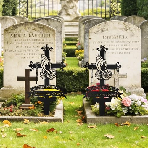 Memorial Cross Grave Marker with Praying Hands & Rosary - color: Cross