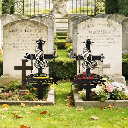 Memorial Cross Grave Marker with Praying Hands & Rosary - color: Cross