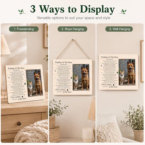 Pet Dog Cat Memorial Photo Frame - Waiting At The Door Dogs Wooden Tabletop Picture Frame - Sympathy Memorial Gifts For Loss Of Dog Cat Owner - In Loving Memory Rustic Frames Favors -02 - style: Rustic