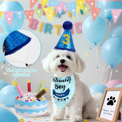 Dog Birthday Toy Set, Dog Squeaky Toys, Includes Squeaky Cake Toy, Plush Bones, Birthday Hats, Bandana, Paw Print Kit & Photo Frame. Pet Gift Supplies, Blue - color: Blue