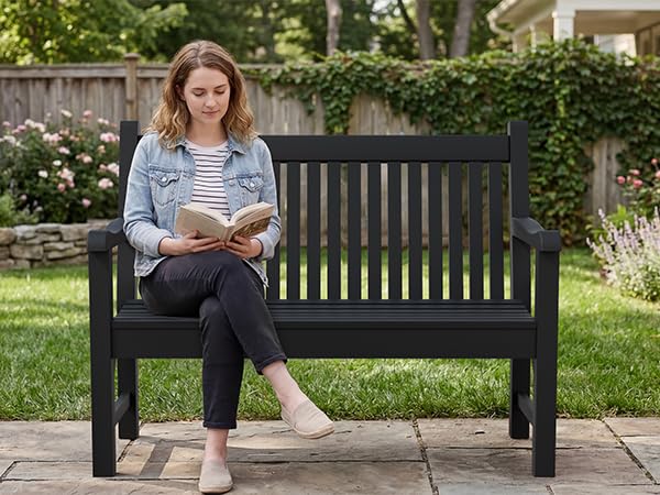 2-Person Outdoor Bench with 700 Lbs Weight Capacity, Black | Poly Lumber Weatherproof Garden Bench Seating for Porch, Balcony and Park, All-Weather Patio Bench Furniture - color: Black