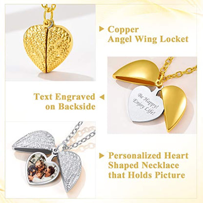 Custom4U Personalized Heart Locket Necklace with Pictures,Sunflower/Angel Wings/Heart Shaped Lockets Custom Photo,Gold/Rose Gold/White Lockets That Holds Picture,Customized Memorial Jewelry for Women - color: C-Angel Wings-Steel(Locket + Photo + Engraving