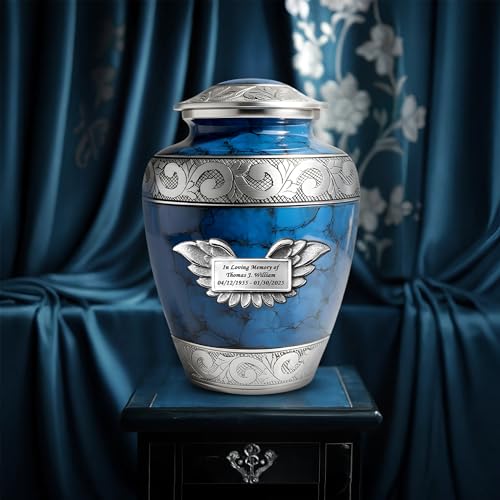 Set of 7 Plaque Custom Engraved Cremation Urns for Human Ashes Includes 1 Large Urn with 4 Small Keepsakes & 1 Silver Necklace - Fire Blue - color: Fire Blue Custom Plaque Urn Set