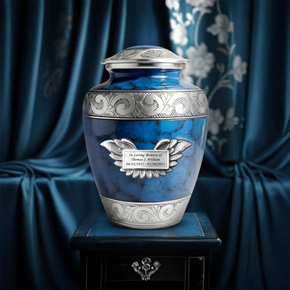 Set of 7 Plaque Custom Engraved Cremation Urns for Human Ashes Includes 1 Large Urn with 4 Small Keepsakes & 1 Silver Necklace - Fire Blue - color: Fire Blue Custom Plaque Urn Set