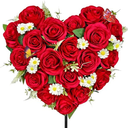 Artificial Cemetery Flowers, Grave Memorial Flowers with Ground Spike,Heart Shaped Wreaths Rose Daisy for Gravesites Decoration（Red）