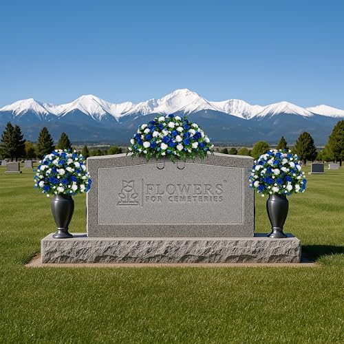 Sympathy Silks Artificial Cemetery Flowers - Gravesite Memorial Arrangment - Blue & White Garden Mums - (1) Saddle (2) Bouquets - color: Blue & White, size: (1) Saddle (2) Bouquets