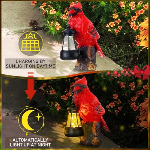 Suzile Cardinal Garden Statue with Solar Lantern 6.3 Solar Light for Outside Cardinal Garden Decor Sculptures & Statues Lights for Lawn Decor Unique Ornament Gift for Women Mom
