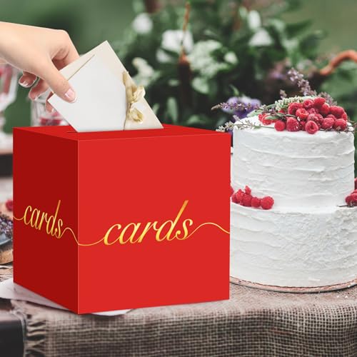 Red Card Box Gold Foil Wedding Favors Gift Card Boxes Post Box Receiving Money Box Holder for Wedding Reception, Baby Showers, Anniversary, Birthday Party, Retirement, Graduation Envelope Holder - color: Red and Gold