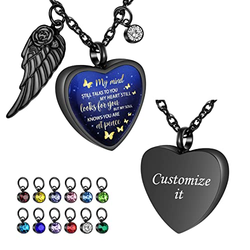 Dletay Heart Urn Necklace for Ashes Birthstones Cremation Jewelry for Ashes Stainless Steel Ash Necklace Memorial Ash Holder - color: Black-Custom