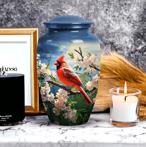 YATSKIA Cherry Blossoms Red Cardinal Bird Urns for Human Ashes Adult Man, Urn for Ashes for Women, Cremation Burial Urns, (Large Urn, 10 Inch)