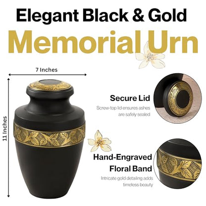 CLEENTABLE Aluminum Cremation Urn for Human Ashes, 11 in. (Black & Gold) - color: Matt Black Metallic Gold, size: Hand-Etched Leaf - 7x11"