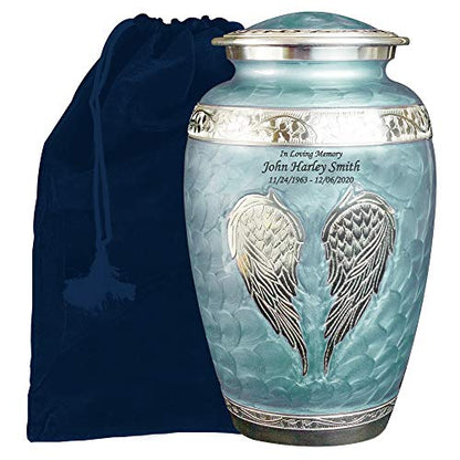 Custom Engraved Angel Wings Funeral Cremation Urn with Matching Keepsake and Velvet Bag (Sky Blue, Large) - color: Sky Blue, size: Large