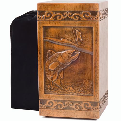 Wooden Cremation Urn for Human Ashes, Adult, Male/Female, Large, Design, 250 lbs Capacity (Walnut Wood Color, 250LBS, Fishing)