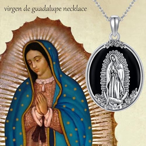 YAFEINI Virgen De Guadalupe Necklace 925 Sterling Silver Mother Mary Necklace Virgencita Jewelry Thanksgiving Day Gifts for Women - style: Black Onyx