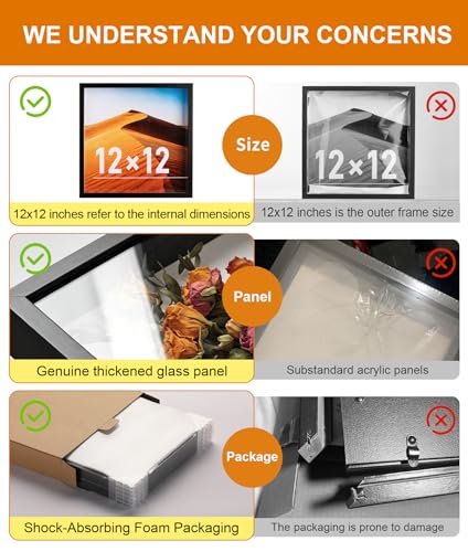 12x12 Shadow Box Frame with Ultra-Clear Glass & Soft Linen Back - color: Black+high Definition Panel + Shatter-proof Packaging, size: 12x12