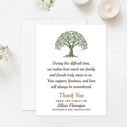 Green Tree Funeral Bereavement Thank You Cards | Memorial Sympathy Thank You Notes, 4.25x5.5", Personalized Note Cards, With Envelopes