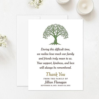 Green Tree Funeral Bereavement Thank You Cards | Memorial Sympathy Thank You Notes, 4.25x5.5", Personalized Note Cards, With Envelopes
